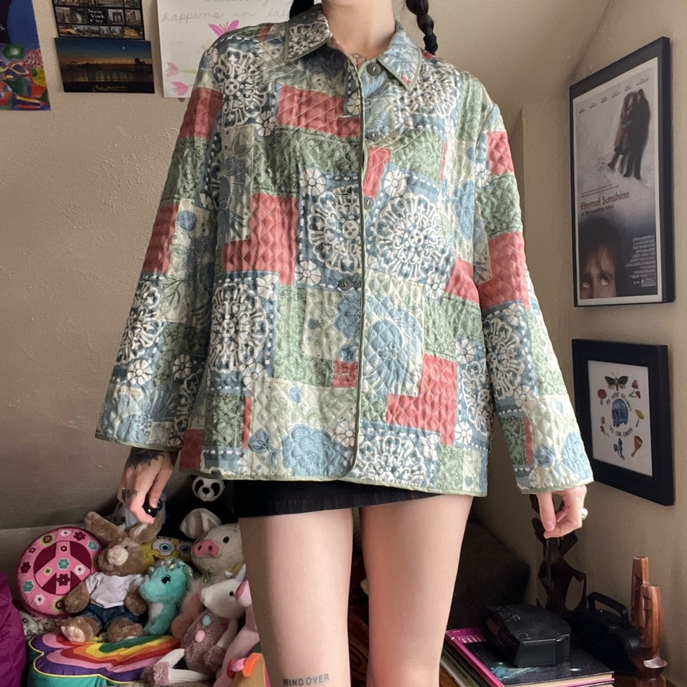 Earthy Floral Silk Patchwork Jacket - image 4